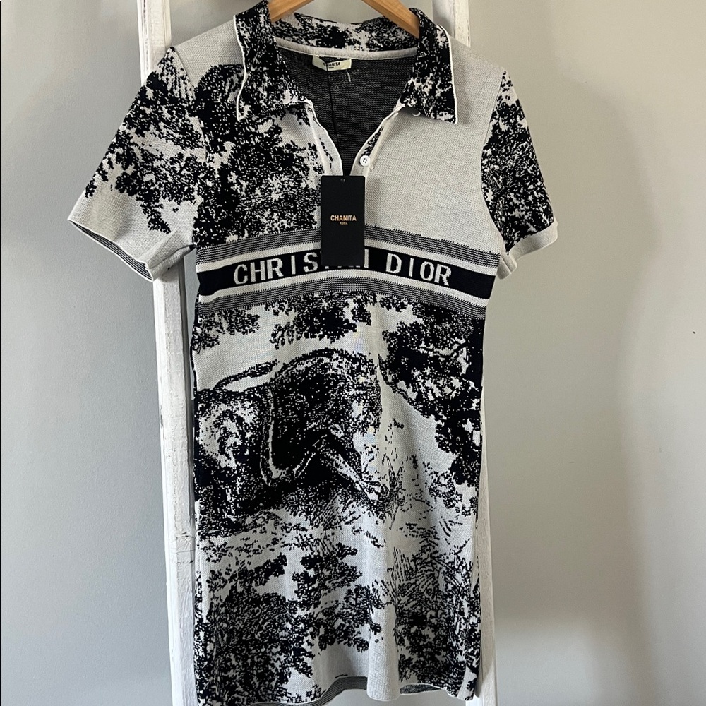 Chanita Roma nwt navy and White Patterned tab collar stretch sweater dress small - Picture 6 of 8